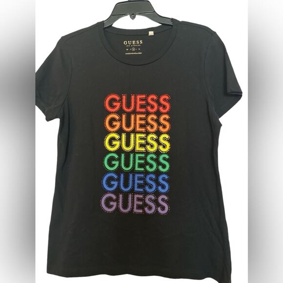 GUESS BLACK GILLIAN T SHIRT Women’s RHINESTONES SHORT SLEEVE PRIDE COLOR Size M - Picture 4 of 5